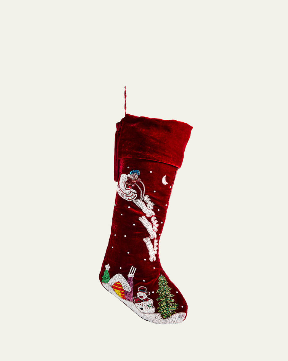 Velvet Christmas Scene and Santa on Sleigh Stocking